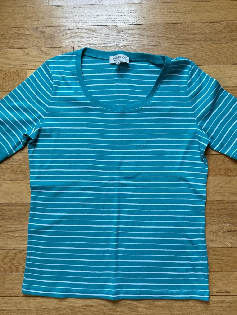 Jones New York Teal and White Striped Short Sleeve Scoop Neck Top